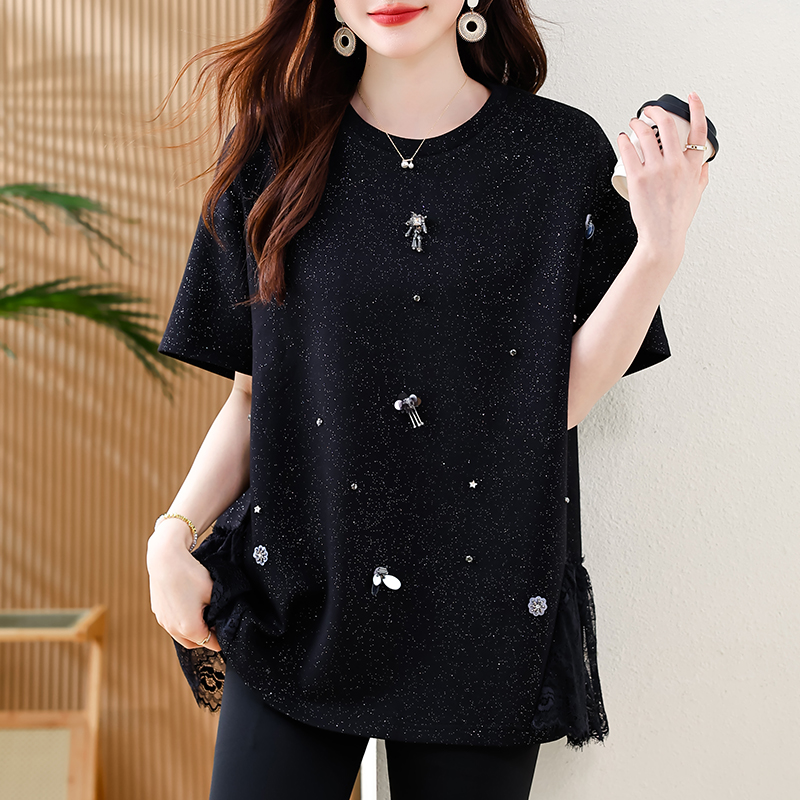 MY14859# 时尚钉珠拼接短袖T恤女夏季欧货 大码女装新款休闲上衣女裝貨源服裝批發