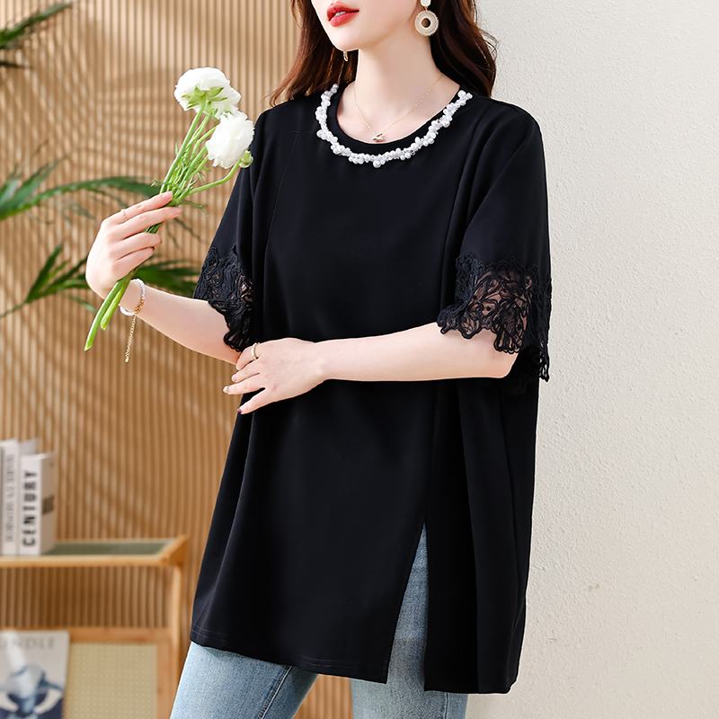 MY14858# 时尚拼接钉珠短袖T恤女新款欧货上衣时尚大码女装女裝貨源服裝批發