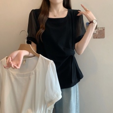 批发实拍<b class='q'>胖妹妹</b>大码女装夏季新款简约圆领收腰遮肚设计感显瘦T恤上衣