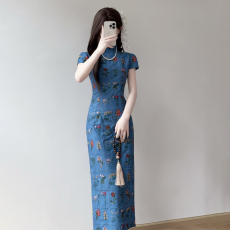 批发实拍花朝新中式复古温柔修身显瘦时尚短袖长款连衣裙年轻款<b class='q'>旗袍</b>夏