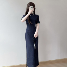 批发实拍复古蓝绿<b class='q'>波点</b>短袖翻袖旗袍裙修身显瘦百搭民国风<b class='q'>连衣裙</b>夏季新