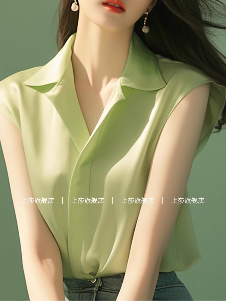 여름 고유 한 아름다운 품격 작은 셔츠 빛 요리 한 프랑스식 작은 대중 외국 가스 고급 Chic 녹색 아세트산 새틴 셔츠