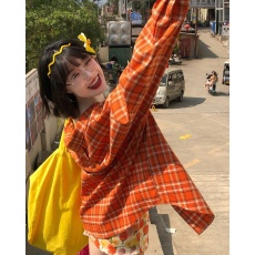 批发【原版1:1适合品质店】彩色红蓝橙色<b class='q'>格子衬衫</b>长袖衬衣多巴胺甜美