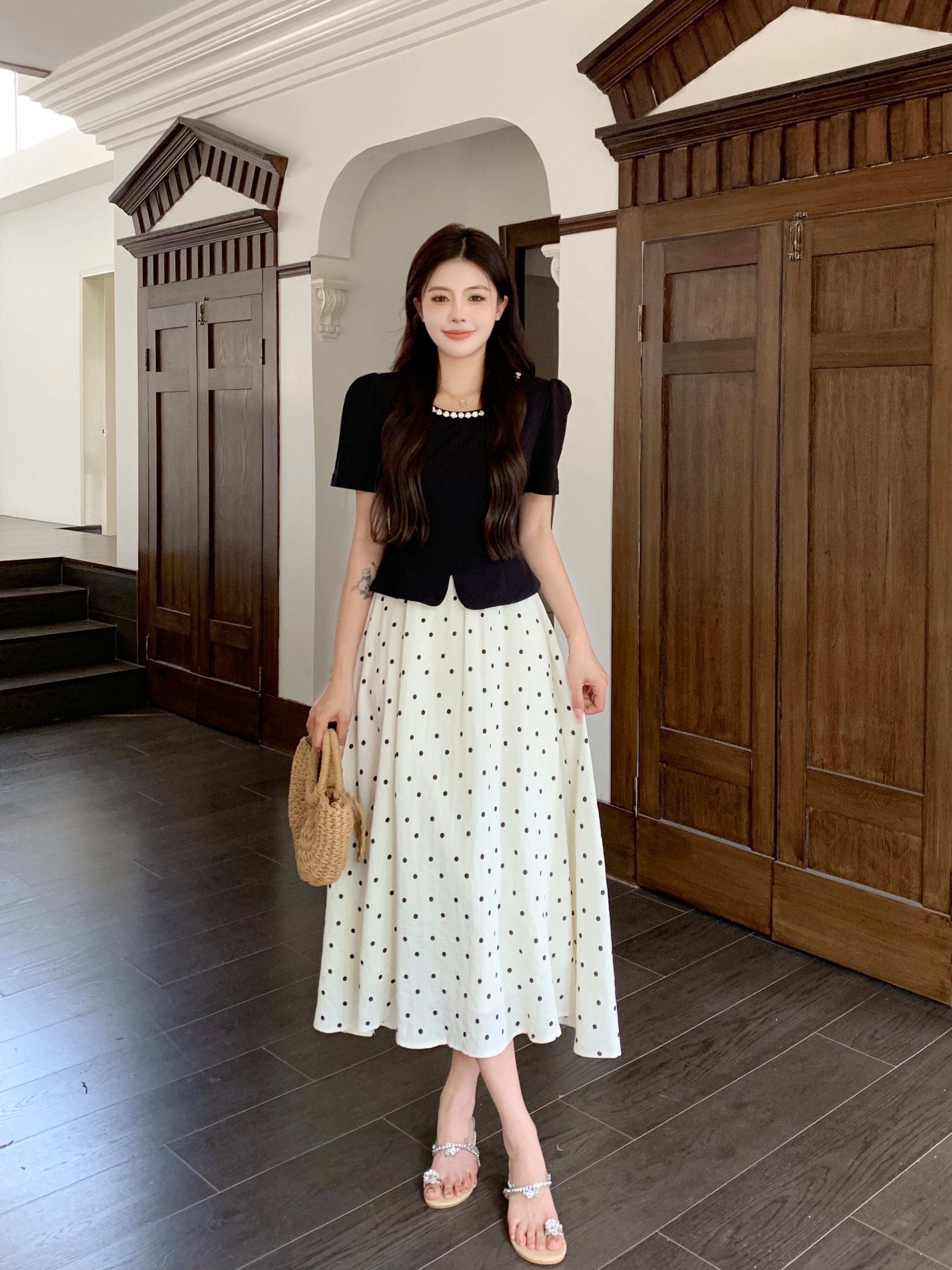 RY1469# 实拍法式赫本风短袖连衣裙女夏季大码女装收腰显瘦假两件波点长...