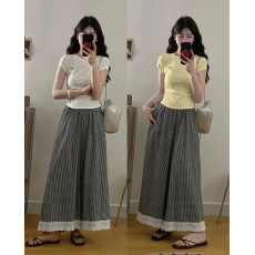 批发实拍2026夏季新款大码蝴蝶结短袖T恤+蕾丝拼接格子裤阔腿裤两件套