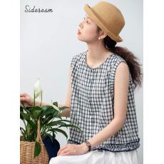 批发边缝原创蓝白格纯棉<b class='q'>衬衫</b>女2026新款夏季薄款设计感圆领无袖<b class='q'>衬衣</b>夏