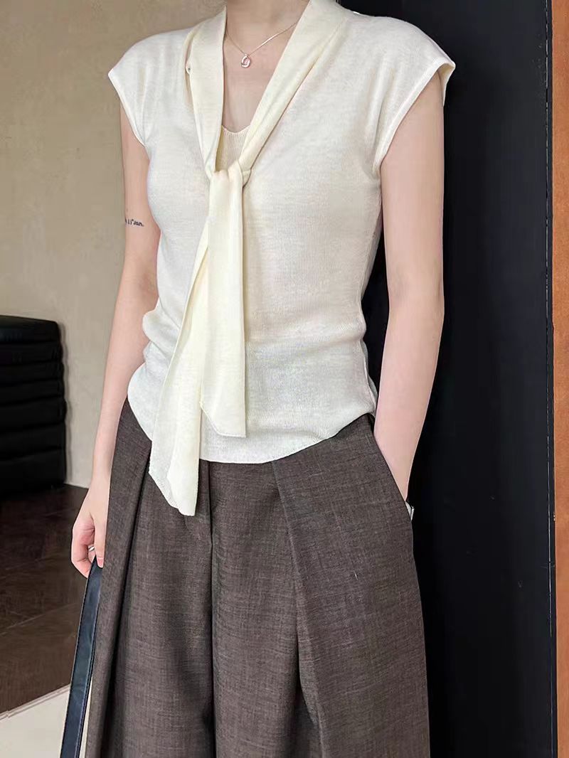 민소매 맑은 물 블루 리본 V넥 주름 니트 스웨터 여성 봄 여름 인사이드 가져 가라. 작은 키 몸매 가꾸기 품격 아름다운 맨위