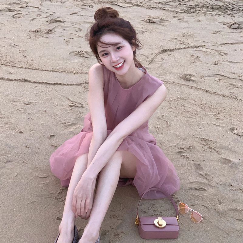 여성 드레스 여름 프랑스식 부드러운 민소매 달콤함 고급 센스 부드러운 한 마디 허리 수축 망사 휴가 바람 치마