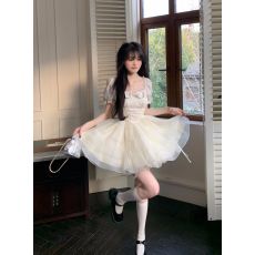 批发蝴蝶结提花<b class='q'>欧根纱</b>仙女感连衣裙女夏季新款在逃公主蓬蓬短裙子