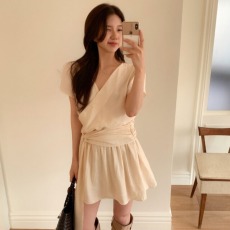 批发chic 韩系夏季法式交叉V领气质甜美绑带收腰显瘦雪纺连衣裙