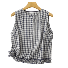 批发原创蓝白格纯棉<b class='q'>衬衫</b>女2026新款夏季薄款设计感圆领无袖<b class='q'>衬衣</b>夏