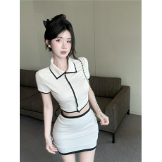 批发实拍实价 古早风黑色撞色镶边针织小开衫+包臀短裙套装