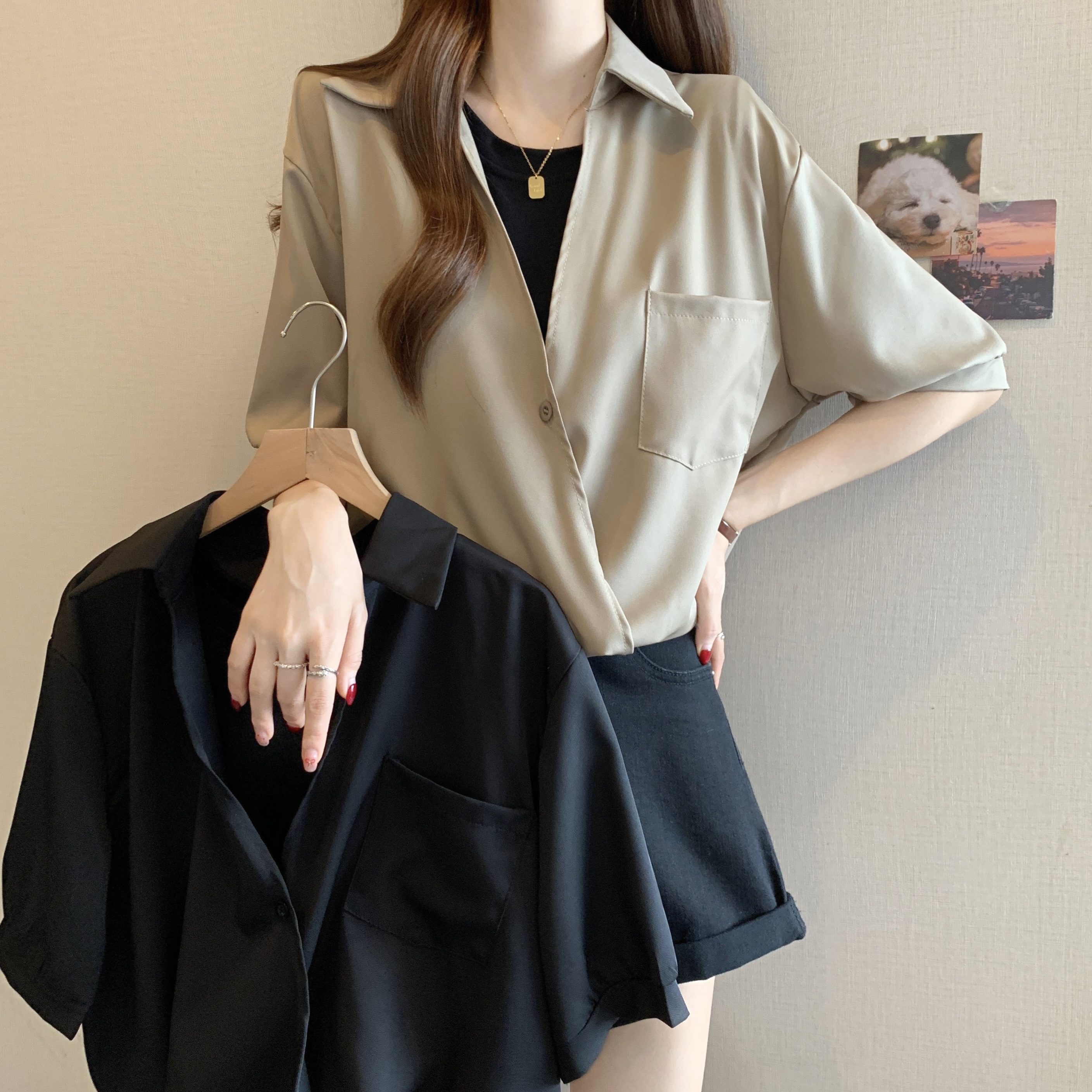 MY9633#气质假两件V领撞色衬衫女夏2025大码胖MM新款宽松遮肚休闲...