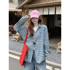 批发实价韩系复古蓝格纹字母绣花衬衫女2026春秋休闲<b class='q'>百搭</b>长袖上衣外套