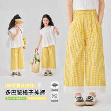 批发女童格子阔腿裤2026新款夏装九分<b class='q'>裤子</b><b class='q'>儿童</b>直筒夏季多巴胺女孩童