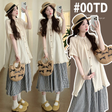 批发实拍现~ 复古日系风孕妇<b class='q'>棉麻</b>宽松短袖衬衫 格子半身<b class='q'>裙</b>两件套