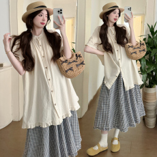 批发实拍现~ 复古日系风孕妇<b class='q'>棉麻</b>宽松短袖衬衫 格子半身<b class='q'>裙</b>两件套