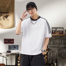 批发实拍2025夏季新款潮牌双纱重磅短袖t恤男百搭舒适简约圆领纯棉t恤