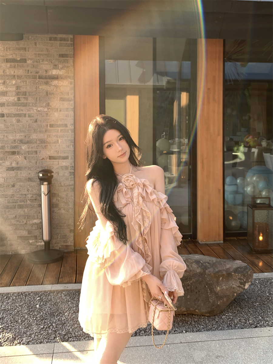 정가 실사 낭만주의 수공 레이스 꽃 프릴 행침 목 스트랩 드레스