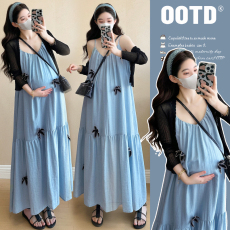 批发孕妇<b class='q'>套装</b>夏季长裙新款辣妈气质显瘦减龄吊带连衣裙开衫上衣两件套