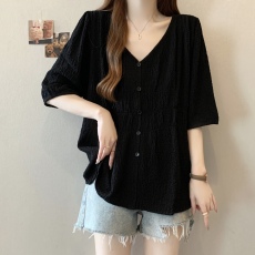 批发实拍~大码胖mm宽松V领短袖套头衬衫百搭显瘦夏季气质小衫