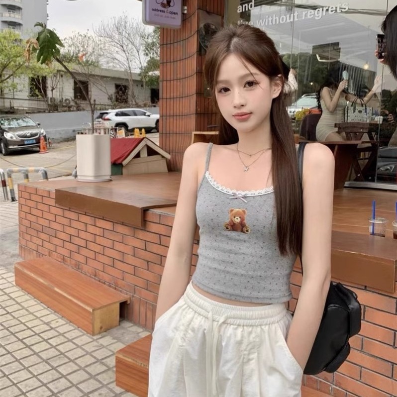 크림 작은 곰 벨트 가슴 패드 캐미솔 레이스 조각 순수한 욕망 인사이드 가져 가라. 외출용 슬림해 보이는 순면 맨위 여름