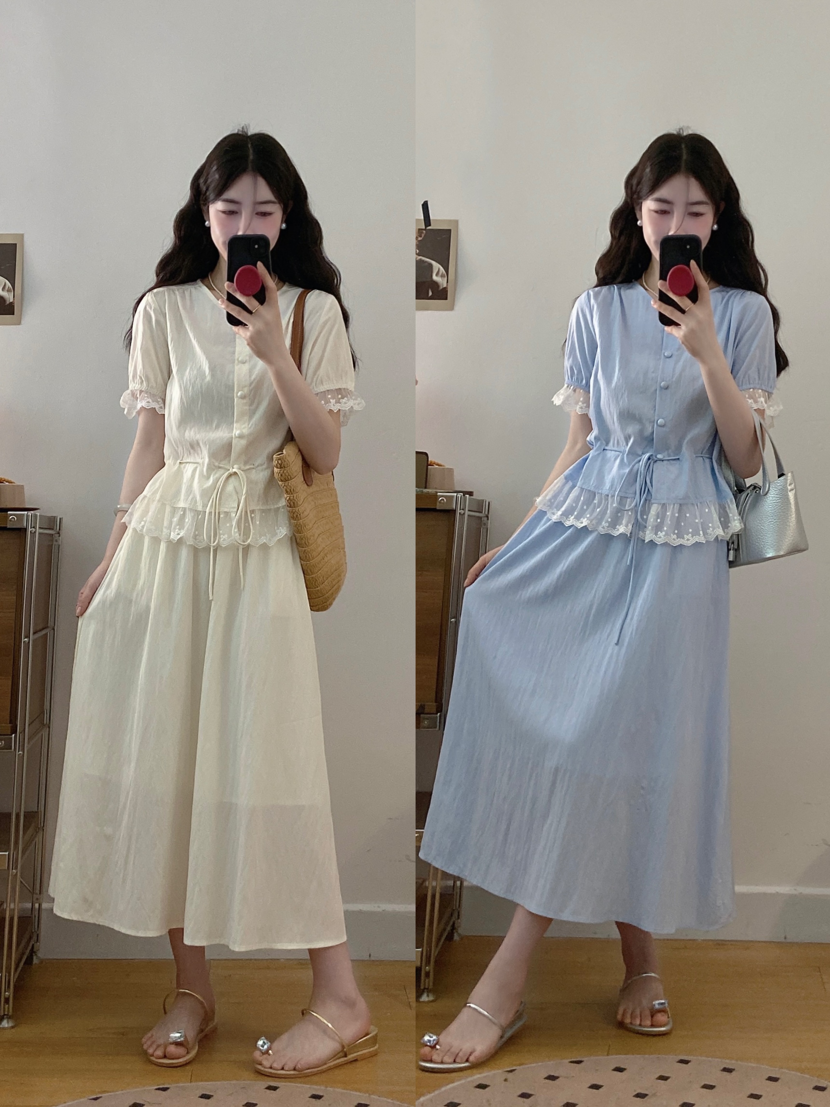 실사 빅 사이즈 여성 의류 2026 여름 새로운 패션 품격 슬림해 보이는 다용도 레이스 조각 투피스 세트 세트