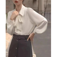 批发2026新款灯笼袖气质蝴蝶结衬衫白色衬衣女<b class='q'>长袖</b>系带设计感职业上衣