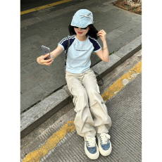 批发1*1 40支纯棉 后包领三条杠撞色拼接运动t恤短款<b class='q'>上衣</b>