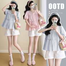 批发实拍   新款重工珍珠领蛋糕摆衬衫+白色短裤