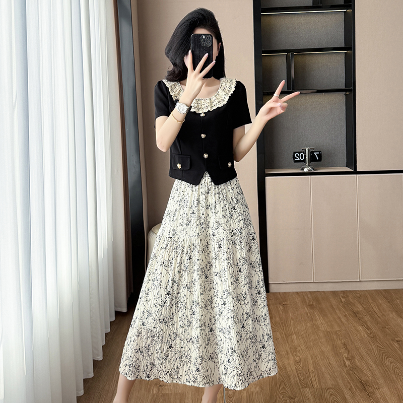 RY2517# 时尚套装2026夏季荷叶边拼接显瘦气质上衣＋小碎花半身裙两件套女