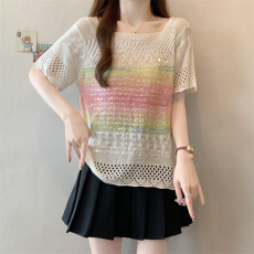 批发实拍*<b class='q'>大码</b><b class='q'>胖</b><b class='q'>MM</b><b class='q'>夏季</b>新款法式方领珠片纱彩虹色条纹针织短袖上衣T恤