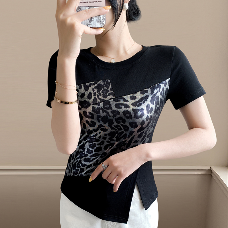 RY2177# 网红洋气减龄豹纹拼接时尚春夏季新款圆领开叉不规则收腰显瘦上衣