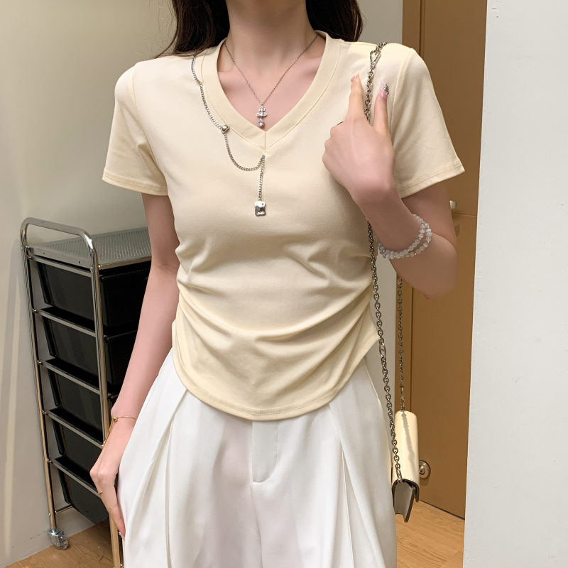 MY5112# 别致链子V领短袖t恤女夏装褶皱收腰显瘦短款打底衫上衣女裝貨源服裝批發