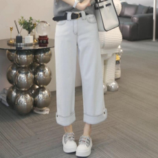 批发月光灰窄版牛仔裤女春夏2026年新款<b class='q'>高腰</b>八分小个子九分卷边直筒裤