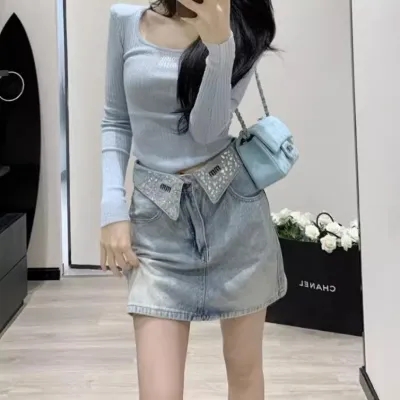 FA20777# 浅蓝色烫钻高腰牛仔半身裙女夏季新款修身显瘦a字包臀短裙ins 服裝批發女裝批發服飾貨源