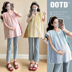 批发实拍~孕妇装2025<b class='q'>夏</b>季新款时尚款宽松圆领衬衫百搭开叉上衣