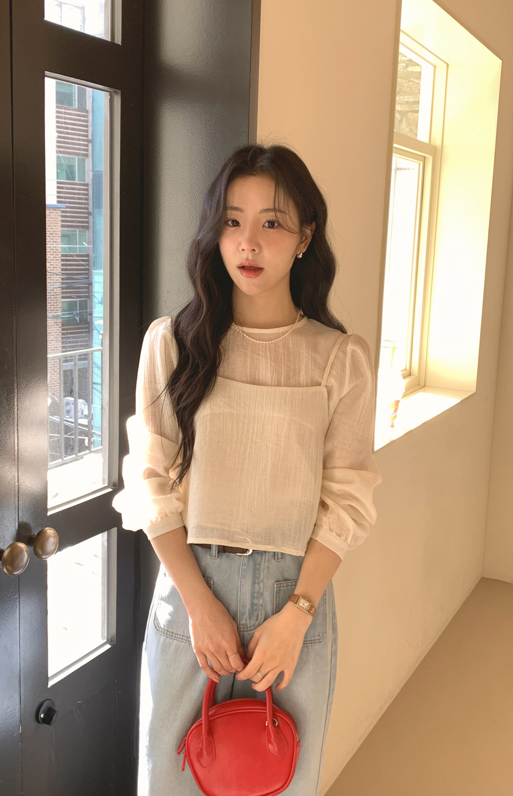 chic 작은 대중 한국 스타일 시스루 작은 셔츠 캐미솔 고유 한 긴팔 맨위 투피스 세트