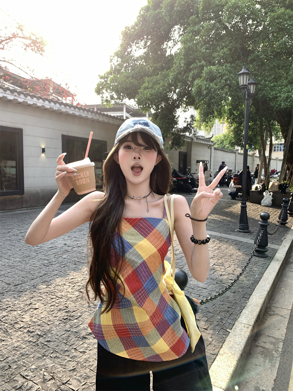 실사 정가 사랑 체크무늬 한 부서 분위기 도파민 색상 일치 디스플레이 화이트 리프트 품격 슬립 수신 Pleat 조끼