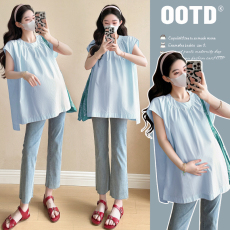 批发实拍~孕妇装2025<b class='q'>夏</b>季新款时尚款宽松圆领衬衫百搭开叉上衣