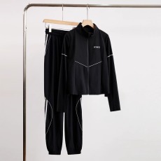批发跑步套装女晨跑服春季高端品牌修身黑色开衫上衣休闲运动裤两件套