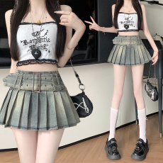 批发实拍2026美式纯欲风辣妹设计感弹力牛仔百褶<b class='q'>半身裙</b> 裤裙