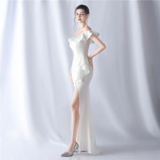 批发纯欲风性感木耳边<b class='q'>一字肩</b>连衣裙女夏季新收腰显瘦包臀气质长