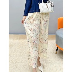 批发夏季新款休闲小个子褶皱高腰直筒<b class='q'>裤</b>时尚简约印花冰丝百褶九分<b class='q'>裤</b>