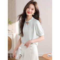 批发法式小众挂脖立领串珠<b class='q'>衬衫</b>女2026夏季新款套头缎面气质通勤上衣