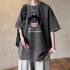 批发做旧水洗黑色纯棉t恤男生短袖美式高街夏季复古潮牌<b class='q'>嘻哈</b>休闲上衣