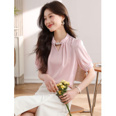 批发实拍气质立领串珠挂脖短袖<b class='q'>衬衫</b>女夏新款法式缎面垂感职业通勤上衣