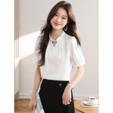 批发实拍气质立领串珠挂脖短袖<b class='q'>衬衫</b>女夏新款法式缎面垂感职业通勤上衣
