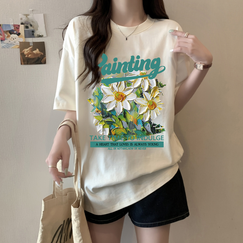 RY416# 短袖t恤女纯棉夏季2025韩版新款设计感油画菊小青新大码胖mm上衣