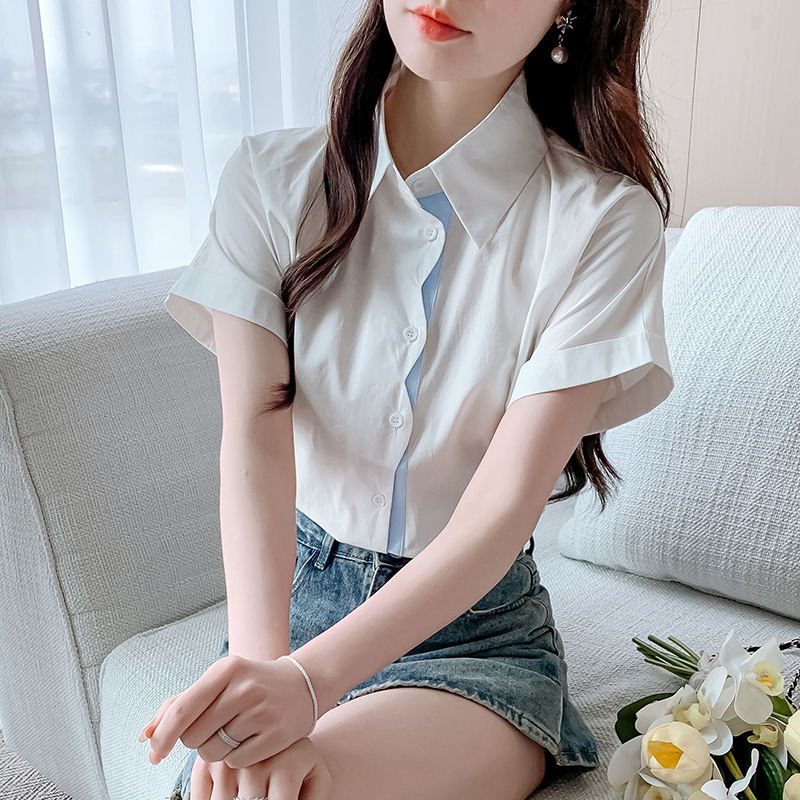 MY5229# 夏季新款纯棉衬衫设计感撞色门襟宽松短袖上衣女裝貨源服裝批發